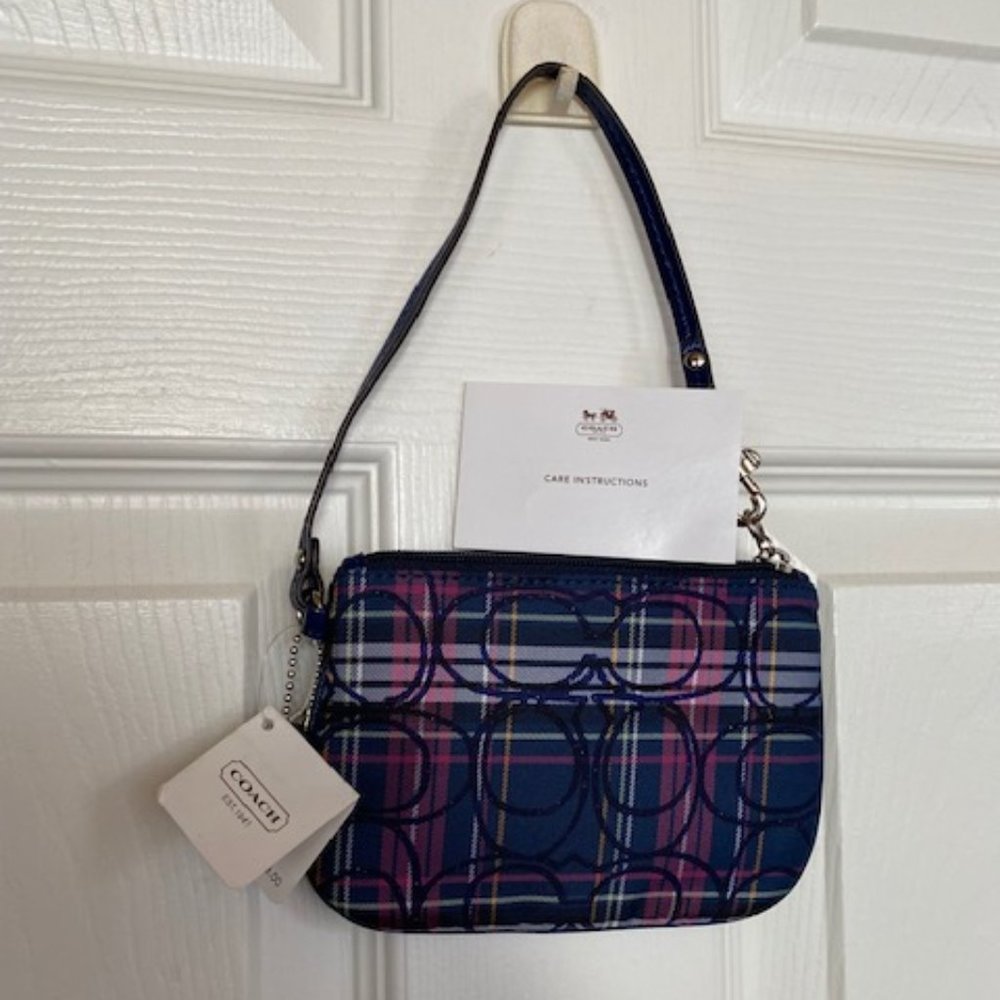 Coach Blue and Pink Plaid Wristlet